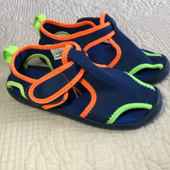 OshKosh B'gosh Kid’s Navy Water Shoes with Neon Orange & Lime Trim Size 11