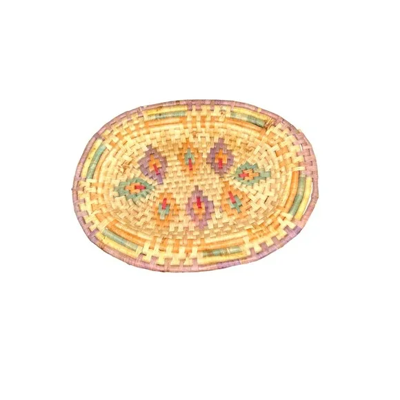 Vintage Hand Woven Oval Basket Tray Geometric Boho Wall Decor Colorful 15x11