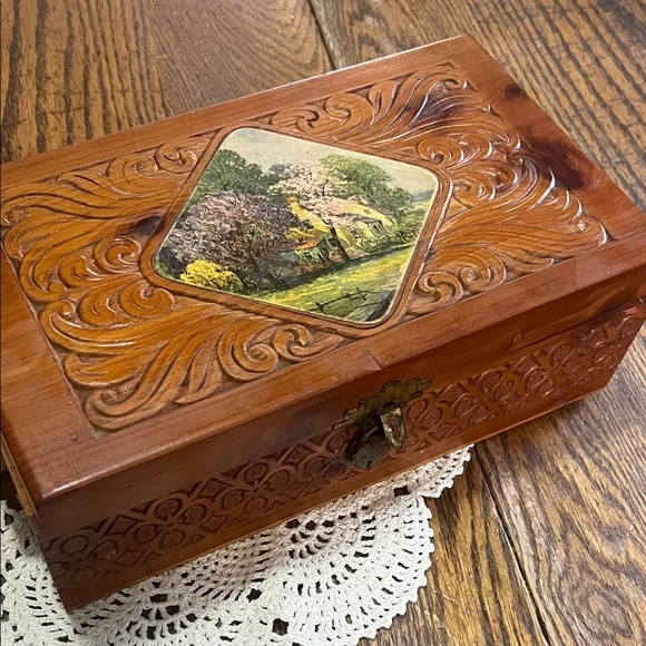 Vintage cedar Carved Wooden Jewelry Box with Painted Cottage Scene - Brown