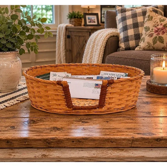 Vintage Woven Splint Wood Utility Basket Round Mail Organizer 10.5 Inch Brown