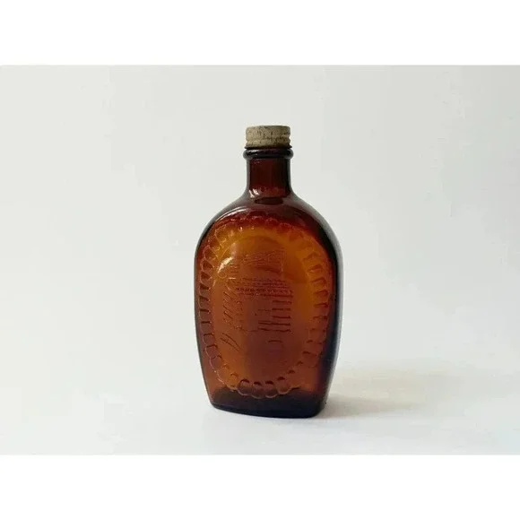 Vintage Dark Browl Glass Log Cabin Syrup Bicentennial Glass Container with Top