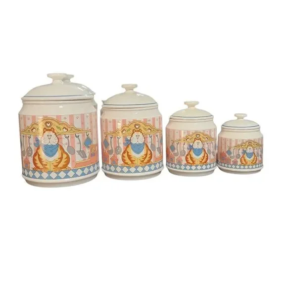 Vintage Lisa Berrett Canister Set 8 Piece 4 with Lids Country Tabby Cat