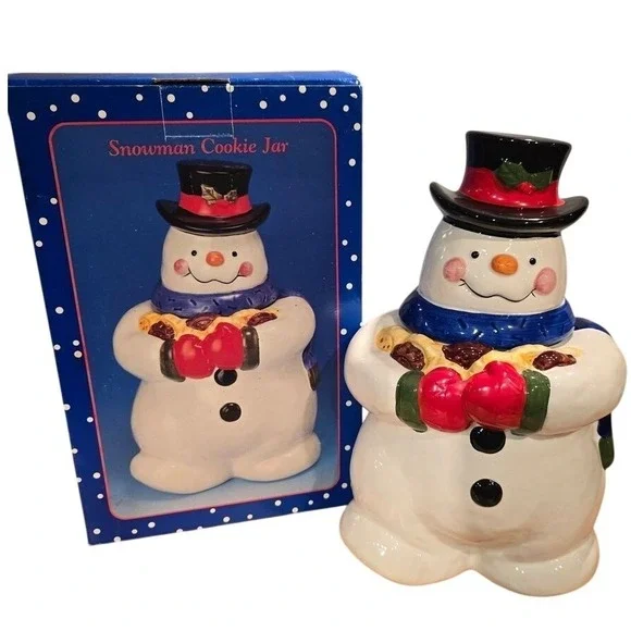 Snowman Cookie Jar‎ Top Hat Blue Scarf Holding Cookies with Original Box