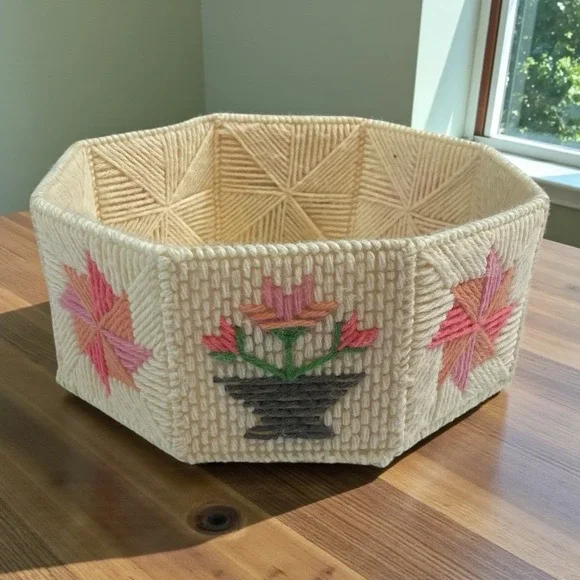 VTG Plastic Canvas Yarn Basket Floral & Quilt Star Pattern Cottagecore Organizer