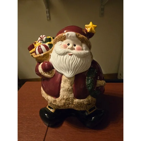 Vintage Santa Claus Ceramic Cookie Jar Red Holiday Christmas Decor Hand Painted