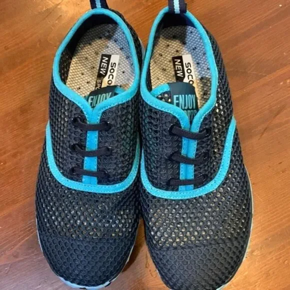 Socone Mesh Water Shoes Navy Blue Turquoise Trim Quick Dry [Size US 4‎ EU 36]]