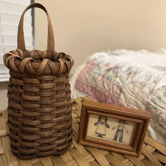 Handcrafted Brown Woven Hanging Basket & Tiny Handcrafted Wooden Picture Frame