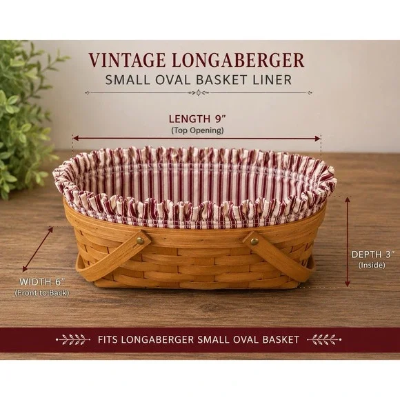 Vintage Longaberger Small Oval Basket Liner Red Cream Ticking Stripe Fabric USA