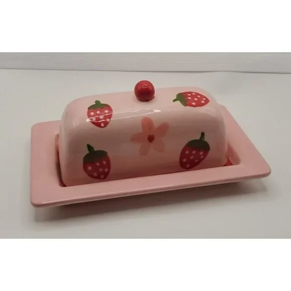 STRAWBERRY Ceramic Butter Dish Pink Red 7