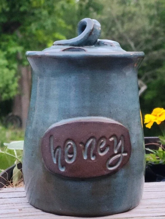 Studio Pottery Honey Pot Stoneware Blue Dragonfly Pottery 5.75