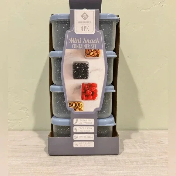 4 PK MINI SNACK CONTAINER SET. STACKABLE. EASY OPEN. BRAND NEW!!