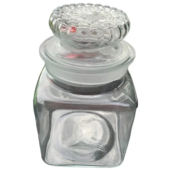Vintage Candy Jar Square Glass Apothecary Ground Lid Country Store Storage 8”