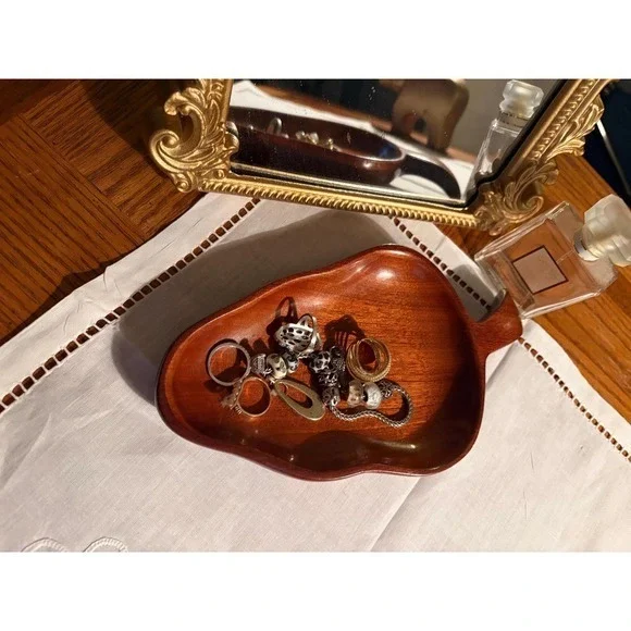 Vintage Haitian Mahogany Wood Leaf Dish - Hand Carved MCM Trinket Tray