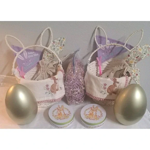 🐣 Easter Basket Set of 2 Bunny Baskets 🐰🥚 Eggs Grass Ready to Gift All NEW