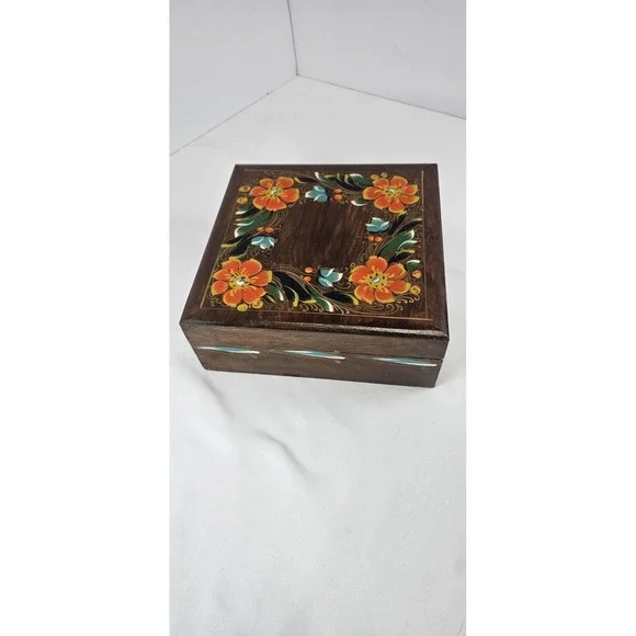 Vintage Hand Painted Wood Trinket Box Floral Folk Art Jewelry Box Hinged Lid