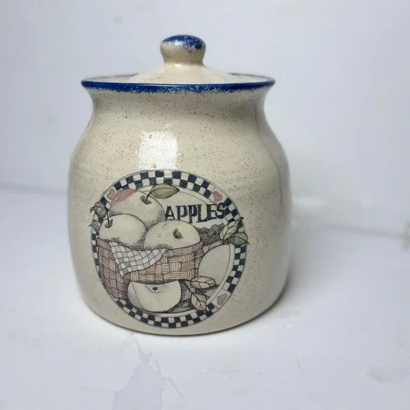 Vintage Style Speckled Stoneware‎ Apple Cookie Jar Canister Farmhouse Blue Cream