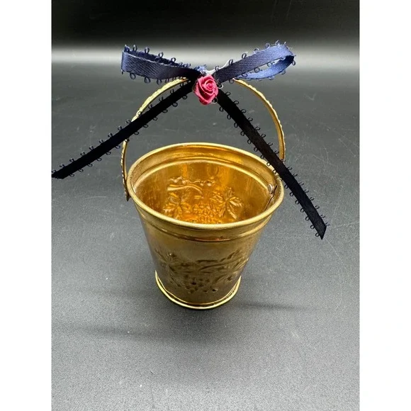 Hosley Brass Mini Bucket Embossed Decorative Pail with Blue Ribbon BS-43080