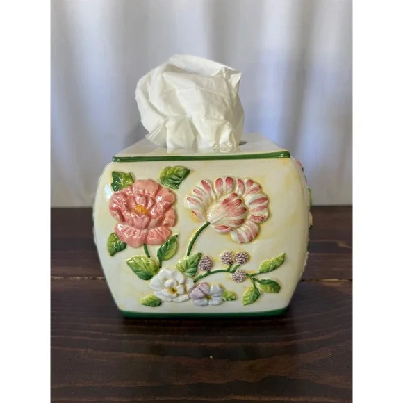 VTG Pamela Gladding Floral Ceramic Tissue Box Cover Butterfly