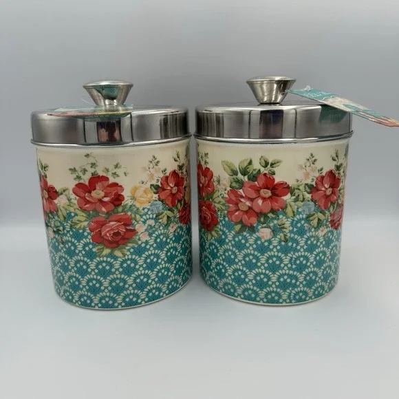 (2) Pioneer Woman Treat Jar Tin Floral Canister Set