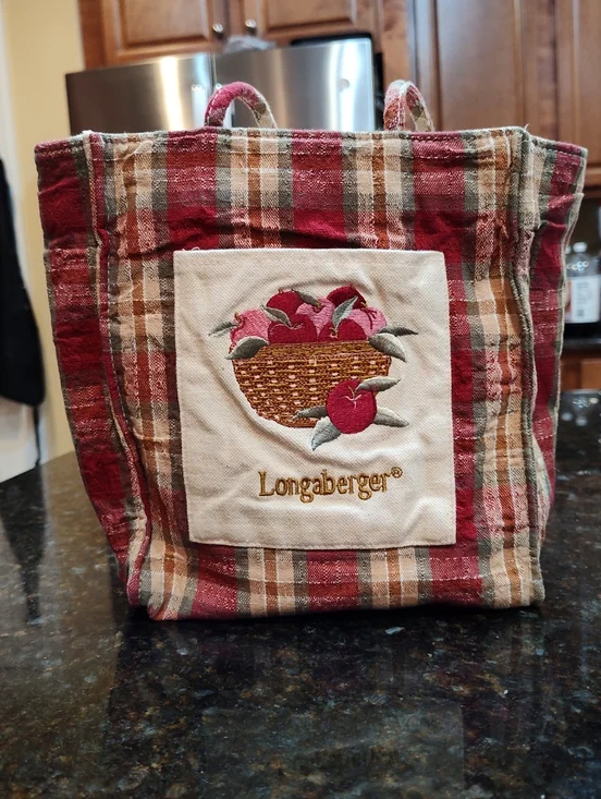 Longaberger Plaid Tote with Embroidered Apple Basket - Red, Brown & Cream