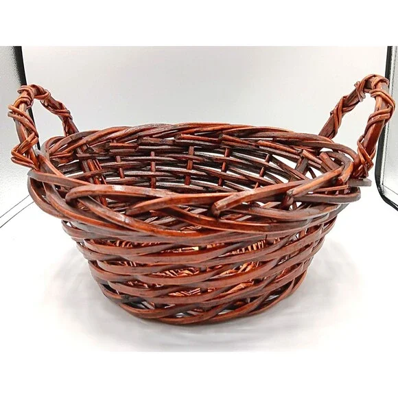 Wicker Gathering Basket Brown Thick Woven Side Handle Round Decor Bread Fruit 9