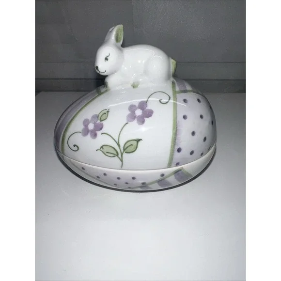 2 Piece Hand painted‎ Rabbit & Pansies Flower Trinket Dish w/ Lid