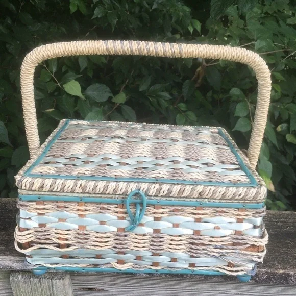 Vintage Boho Woven Sewing Basket