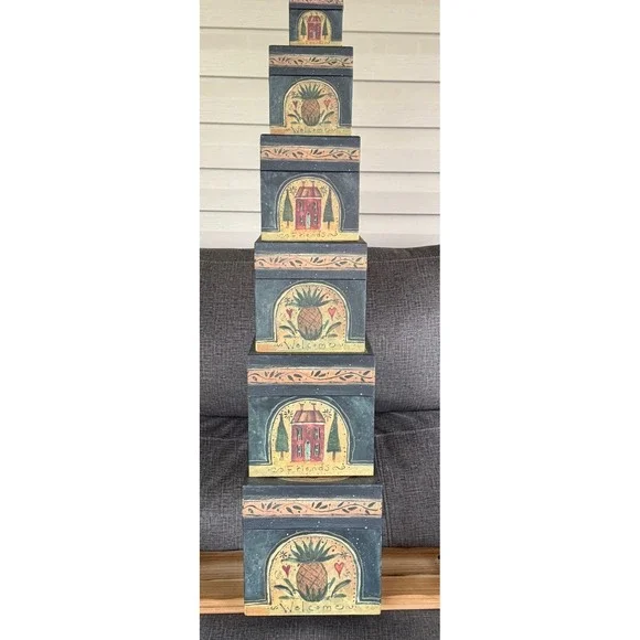 Primative Stacking Boxes (7), Welcome Friends by R.A. Lang Card Co