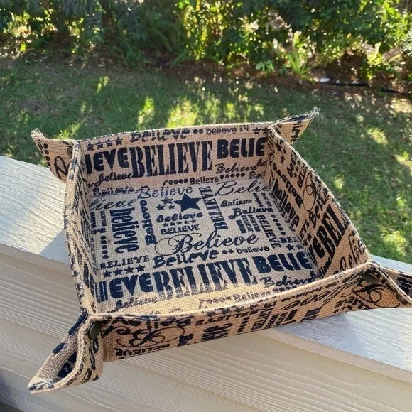 Burlap ‘Believe’ Basket. 10” square. Cute corners with snaps. Many uses 3” tall