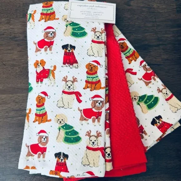 Cupcakes & Cashmere Christmas Dogs Kitchen Dish Towels 3-pc Set