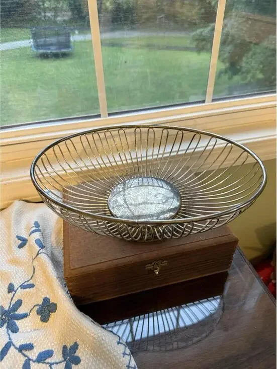 Vintage Metal Wire Fruit Bowl Pedestal Oval Basket Mid Century Modern Decor