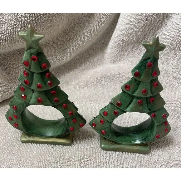 Vintage Handcrafted Christmas Tree Napkin Rings Green‎ Ceramic Set of 2 Pcs