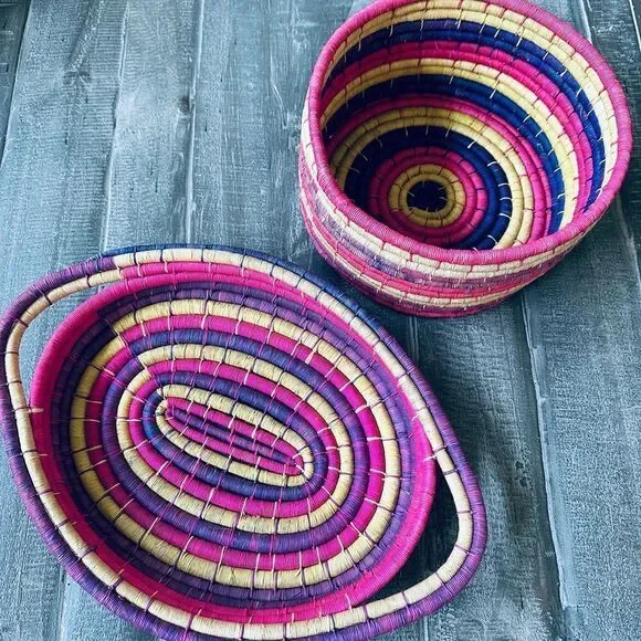 Bohemian Pink Hand Woven Straw Baskets Decor Bundle Lot
