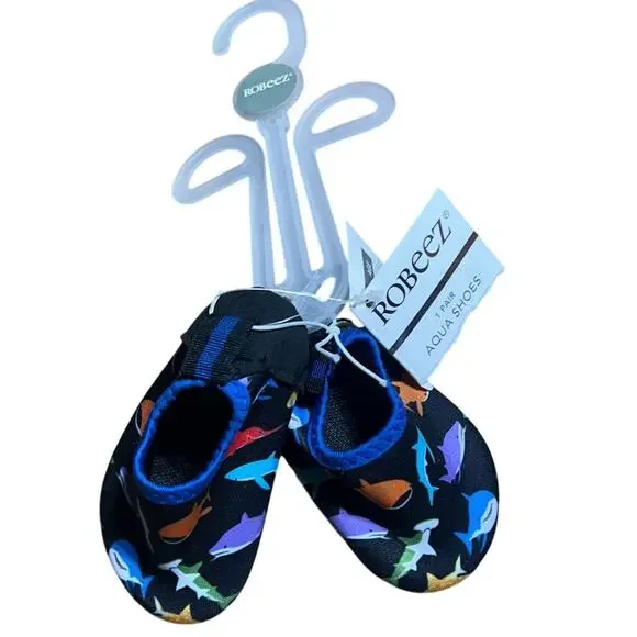 NWT Robeez aqua shoes in black multi shark print fast drying baby sz 2 3-6 mth