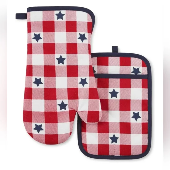 Martha Stewart Red White and Blue Checkered Oven Mitt & Pot Holder Set Patriotic