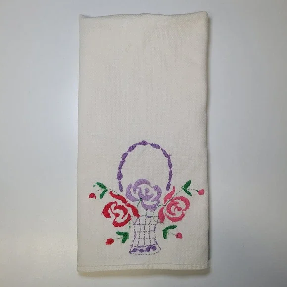 Vintage Hand Embroidered Floral Basket Tea Towel White Cotton Pink Purple