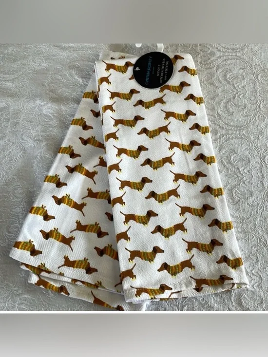 Darling dachshund in sweaters Cynthia Rowley, kitchen towels. Set of 2