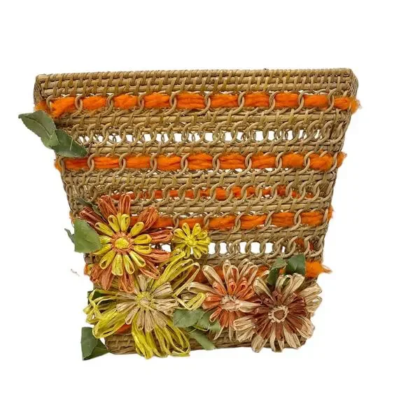 Vintage Straw Woven Square Floral Decor Bin Basket