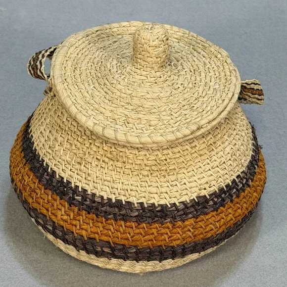Southwestern Style Woven Basket with Lid & Handle – Rustic Boho Home Decor
