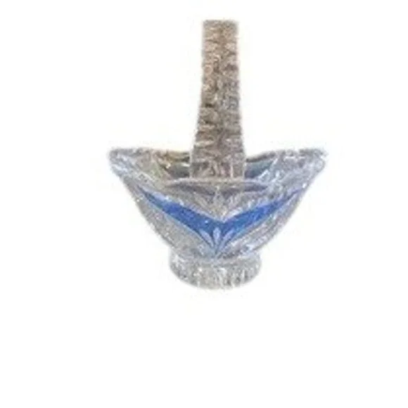Vintage Cut Crystal Glass Basket Blue Flash Trim Floral Design 6 Inch Handle