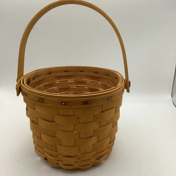 Vintage 1998 Longaberger Round Handwoven Basket with Handles and Plastic Liner