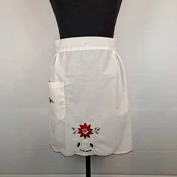Vintage Holiday Apron Applique Poinsettia & Embroidery