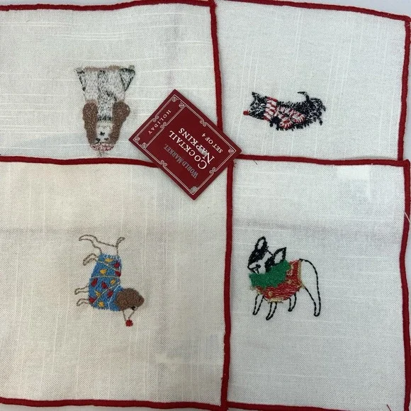 World Market Cocktail Napkins Embroidered Dogs‎ Dachshund Boston Poodle Scottie