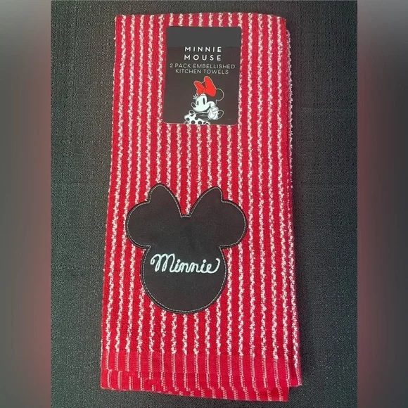 Minnie Mouse Kitchen Towel Set 2 ct Red White w/Black Silhouette Embroidered NWT