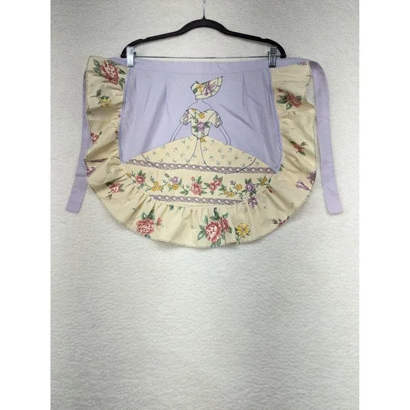 Vintage Floral Apron Lavender Pocket Accent Ruffle Trim‎ Cottagecore Kitchen 52