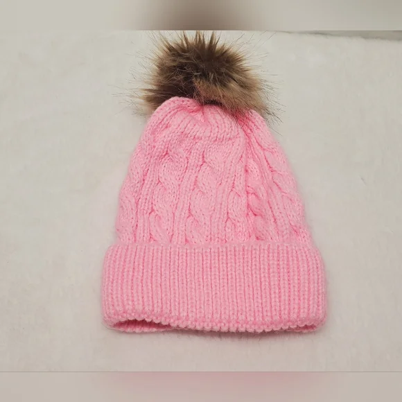 💖10 FOR 20💖Kids Pink Cable Knit Beanie with Faux Fur Pom