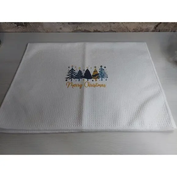 Christmas Kitchen Towel Waffle Weave Merry Christmas Trees Holiday Decor White