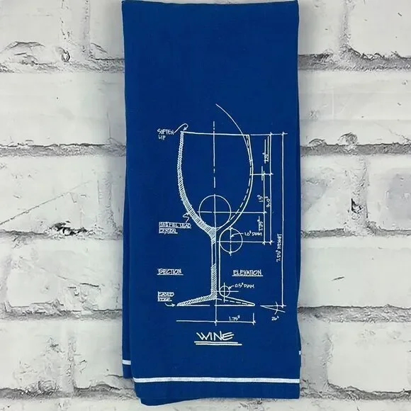 Blue Wine Glass Diagram Blueprint Tea Towel