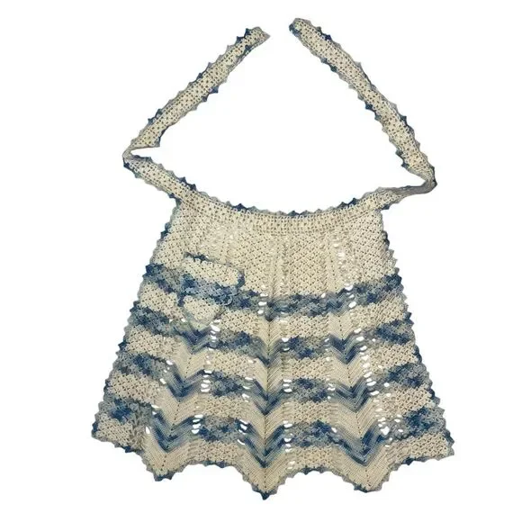 Vintage Handmade Crochet Apron With Small Pocket Blue White‎ Straps Approx 48”
