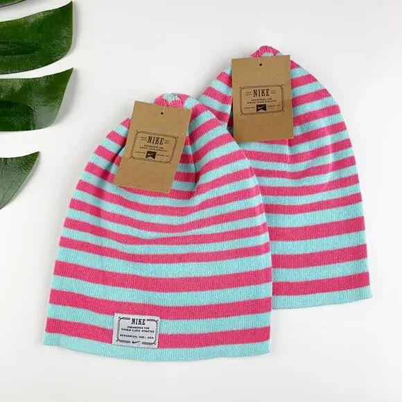 Bundle Lot New Nike Beanies Pink Blue Stripe Cotton Knit Kids Youth One Size